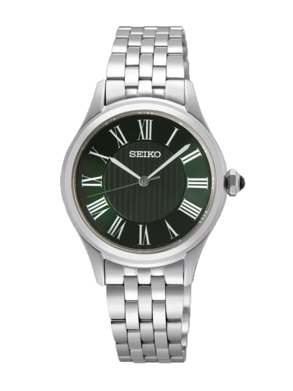 Vista frontal completa del reloj con esfera verde y brazalete de acero, sobre fondo blanco.