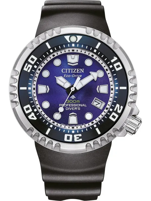 Vista frontal completa del reloj con esfera azul y correa negra sobre fondo blanco