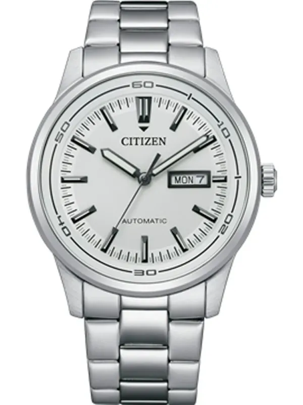Vista frontal del reloj con esfera beige y brazalete de acero, centrado sobre fondo blanco