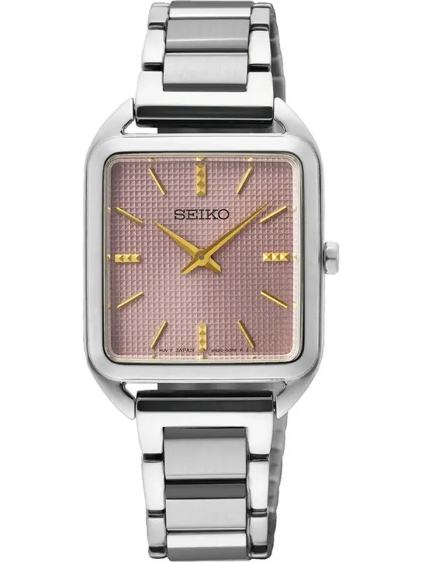 Vista frontal del reloj rectangular con esfera rosa y brazalete de acero plateado sobre fondo blanco