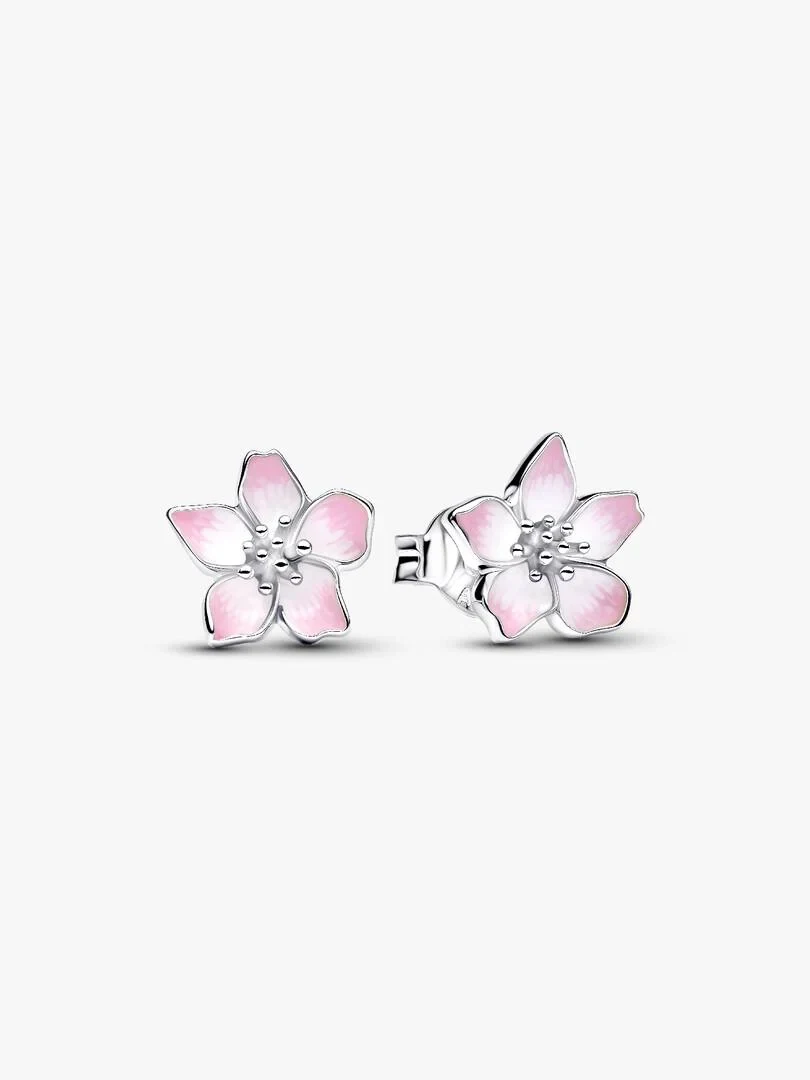 Pair of flower stud earrings with pink enamel, front view on a white background.