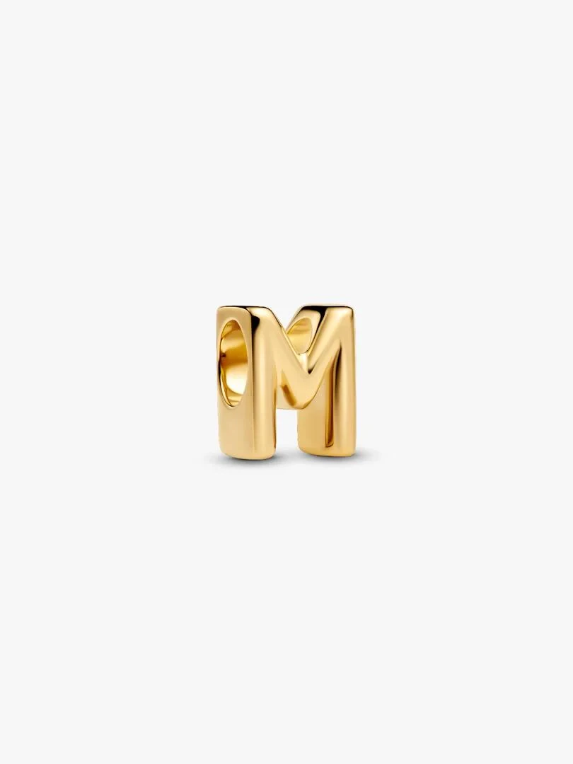 Gold-tone letter M charm, front view at a slight angle on a white background.