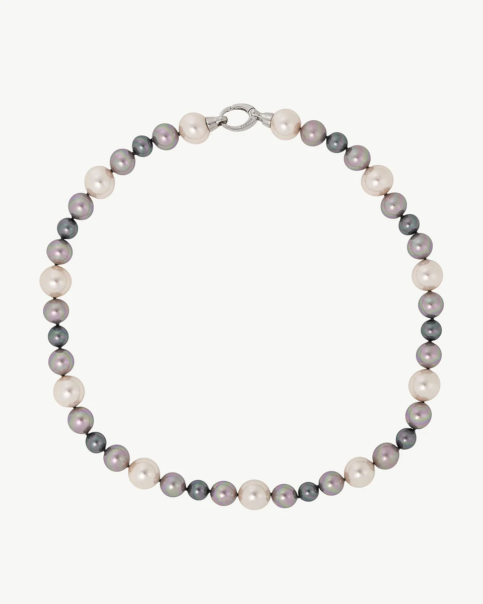 Pearl necklace arranged in a circle on a white background, top-down view.