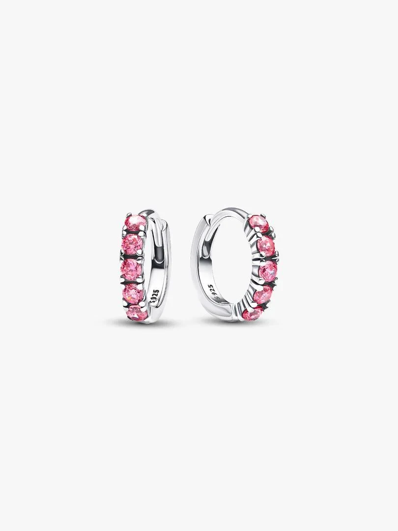 Pair of hoop earrings with pink stones, front view on a neutral white background.