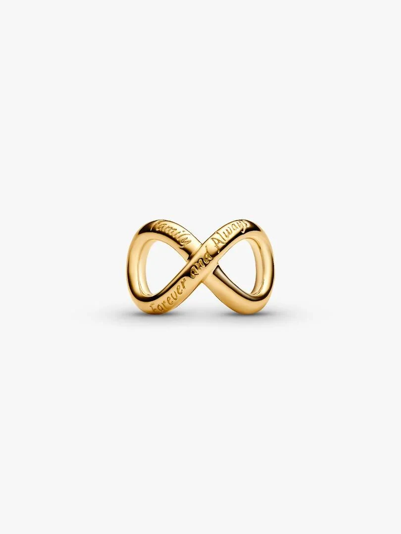 Infinity symbol charm with engraved text, front angled view, on a pure white background.