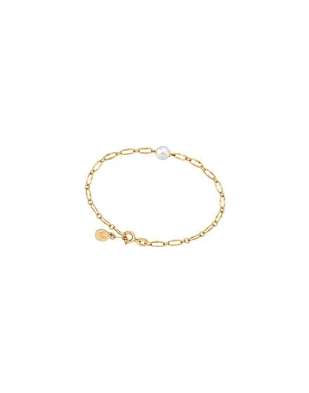 Gold link bracelet with white pearl, full front view on a white background.