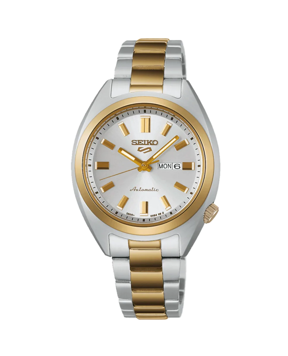 Vista frontal completa del reloj sobre fondo blanco, encuadre centrado con brazalete bicolor.