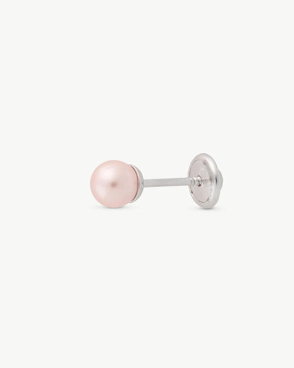 Pink pearl earring shown in profile view, side shot on a pure white background.
