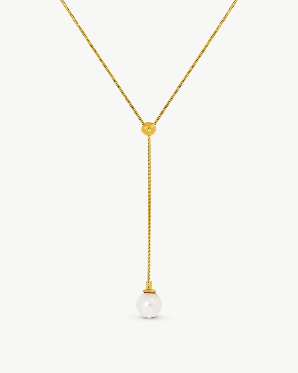 Necklace with white pearl pendant, front view on a pure white background.