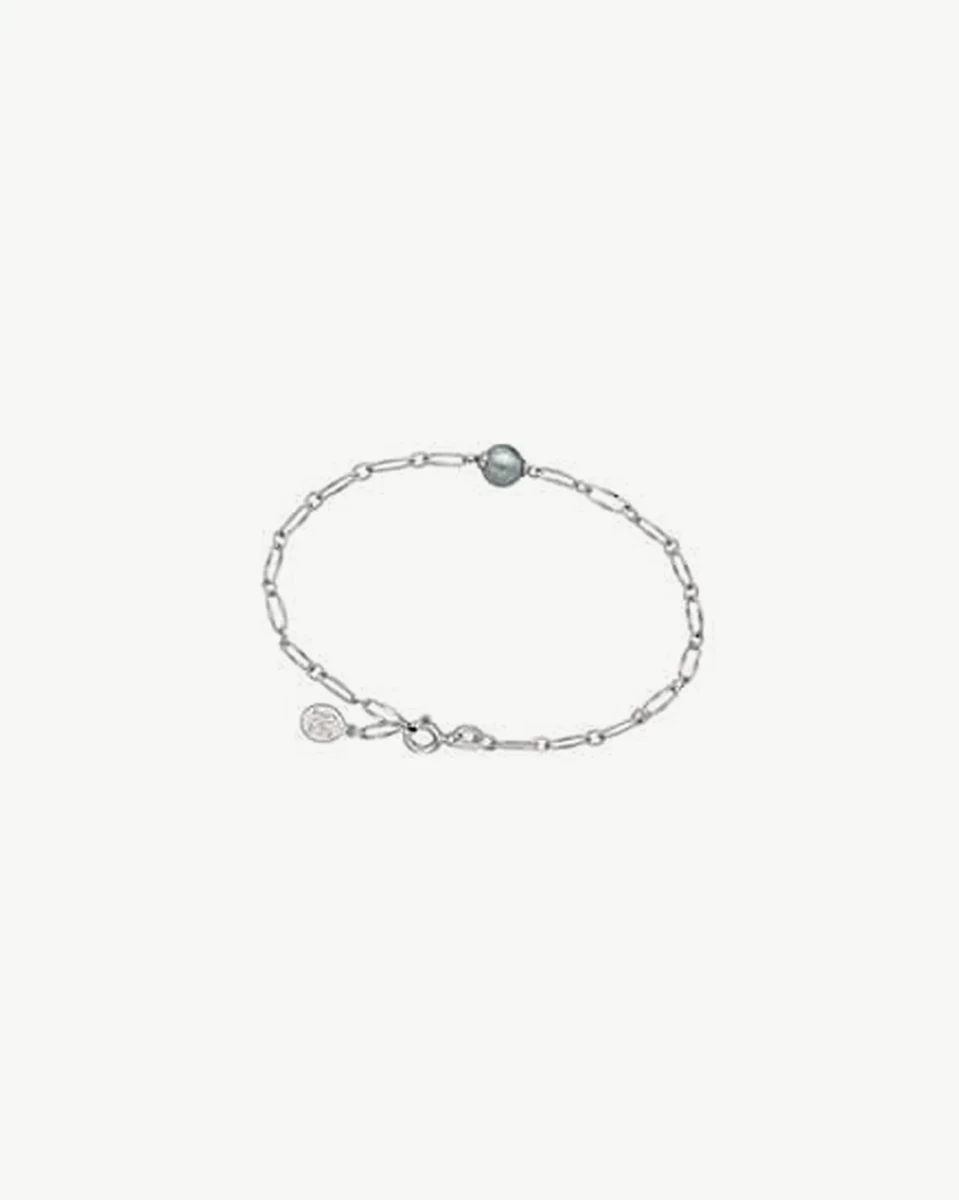 Top view of chain bracelet on white background, featuring a grey pearl and silver clasp.