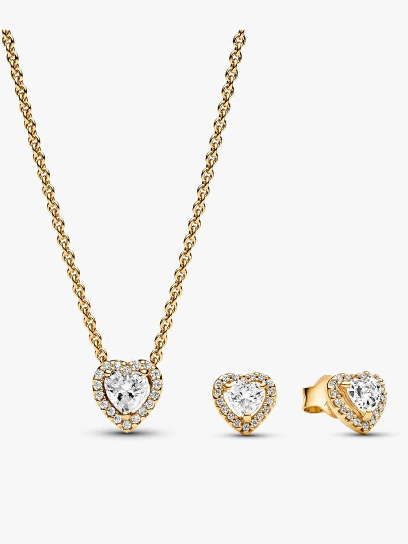 Heart necklace and stud earrings set with cubic zirconia on a white background, front and side view.