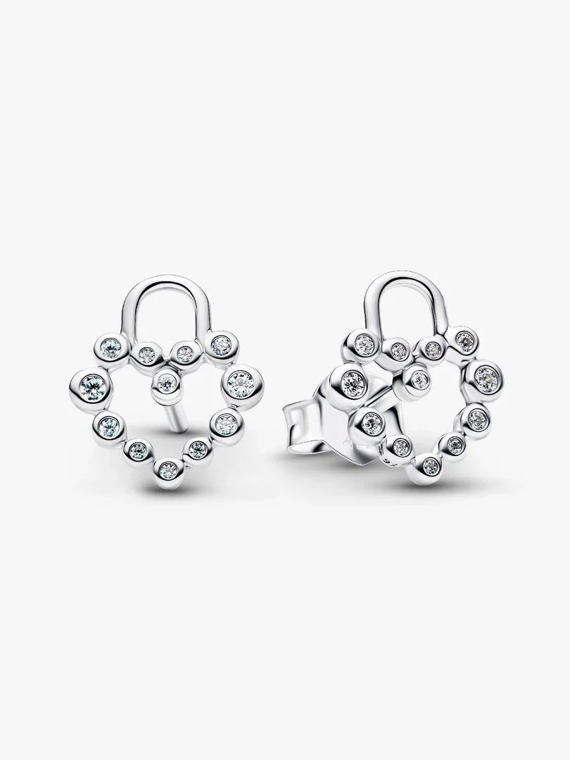 Pair of padlock heart stud earrings, front view on a white background.