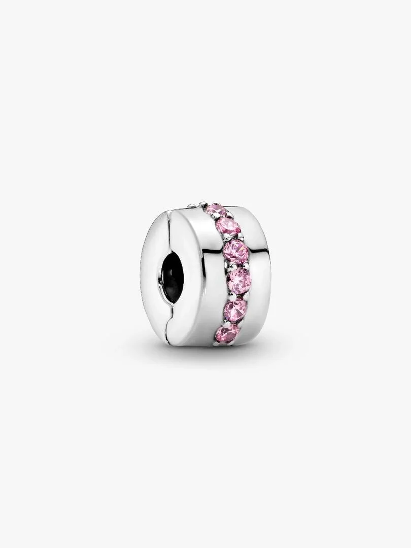 Silver clip charm with a row of pink cubic zirconia, side angle view on a white background.