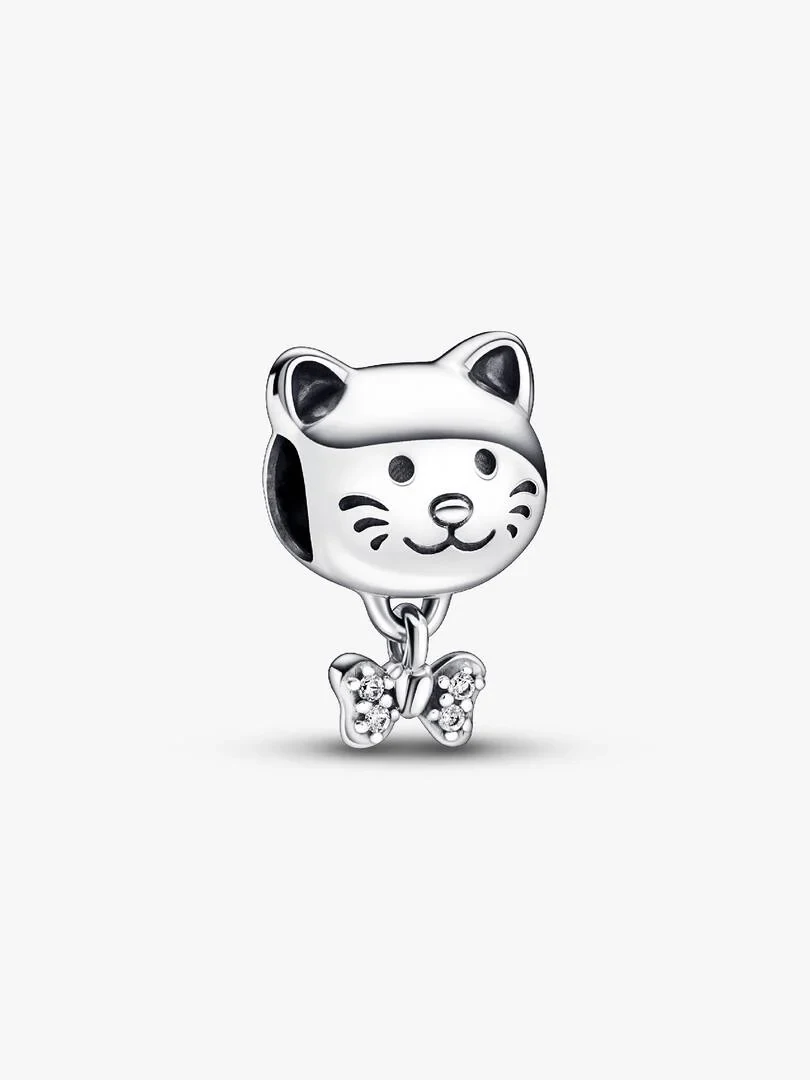 Cat charm with dangling bow pendant, front view on white background, silver finish.