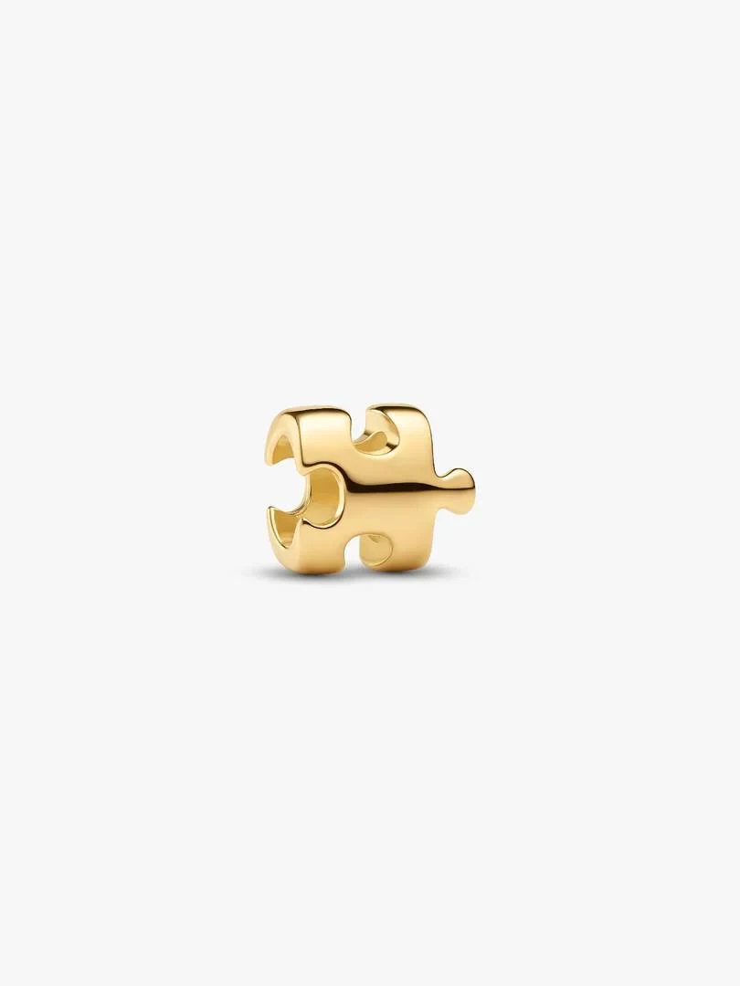 Gouden puzzelstukje charm gezien vanuit een zijaanzicht, neutrale witte achtergrond.