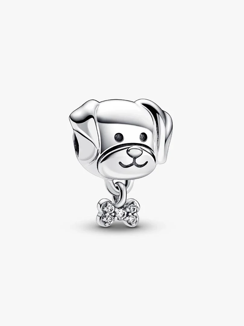 Front view of dog and bone charm, centered on a pure white background.