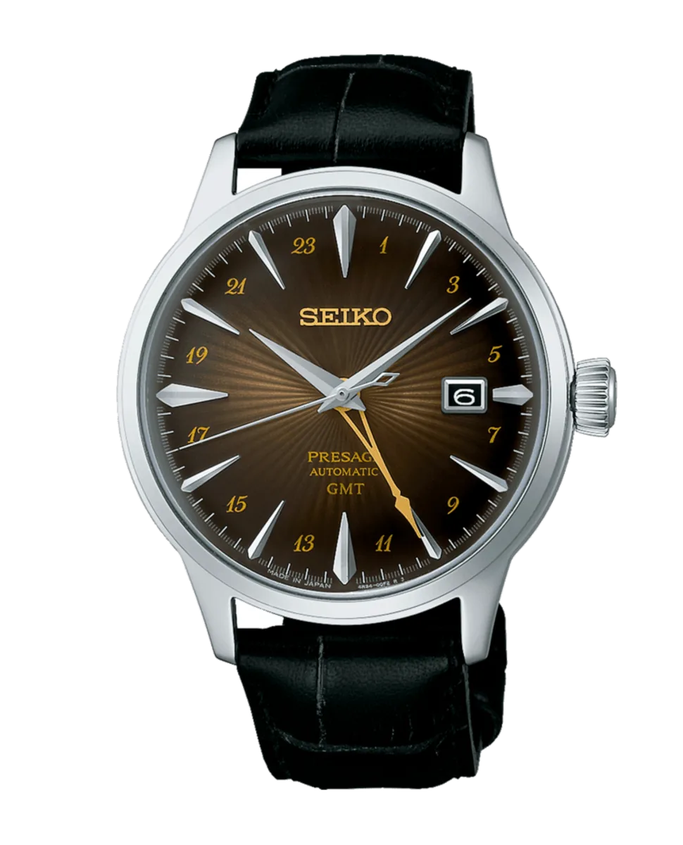 Vista frontal completa del reloj, centrado sobre fondo blanco, con correa de piel negra.