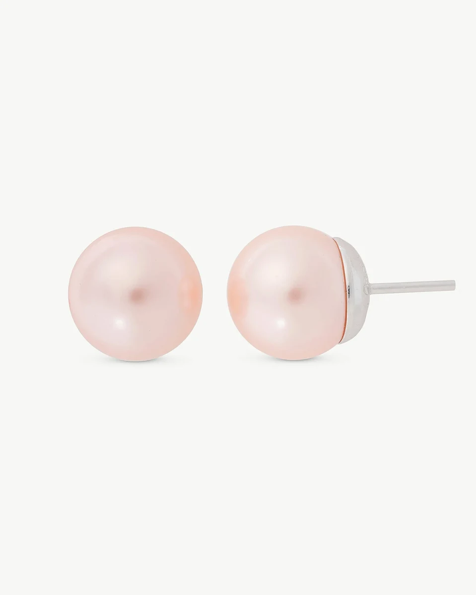Front view of pink pearl stud earrings on a white background, showing the post closure.