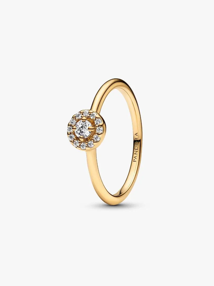 Ring shown from a side angle on a white background, highlighting the central cubic zirconia and pavé halo.