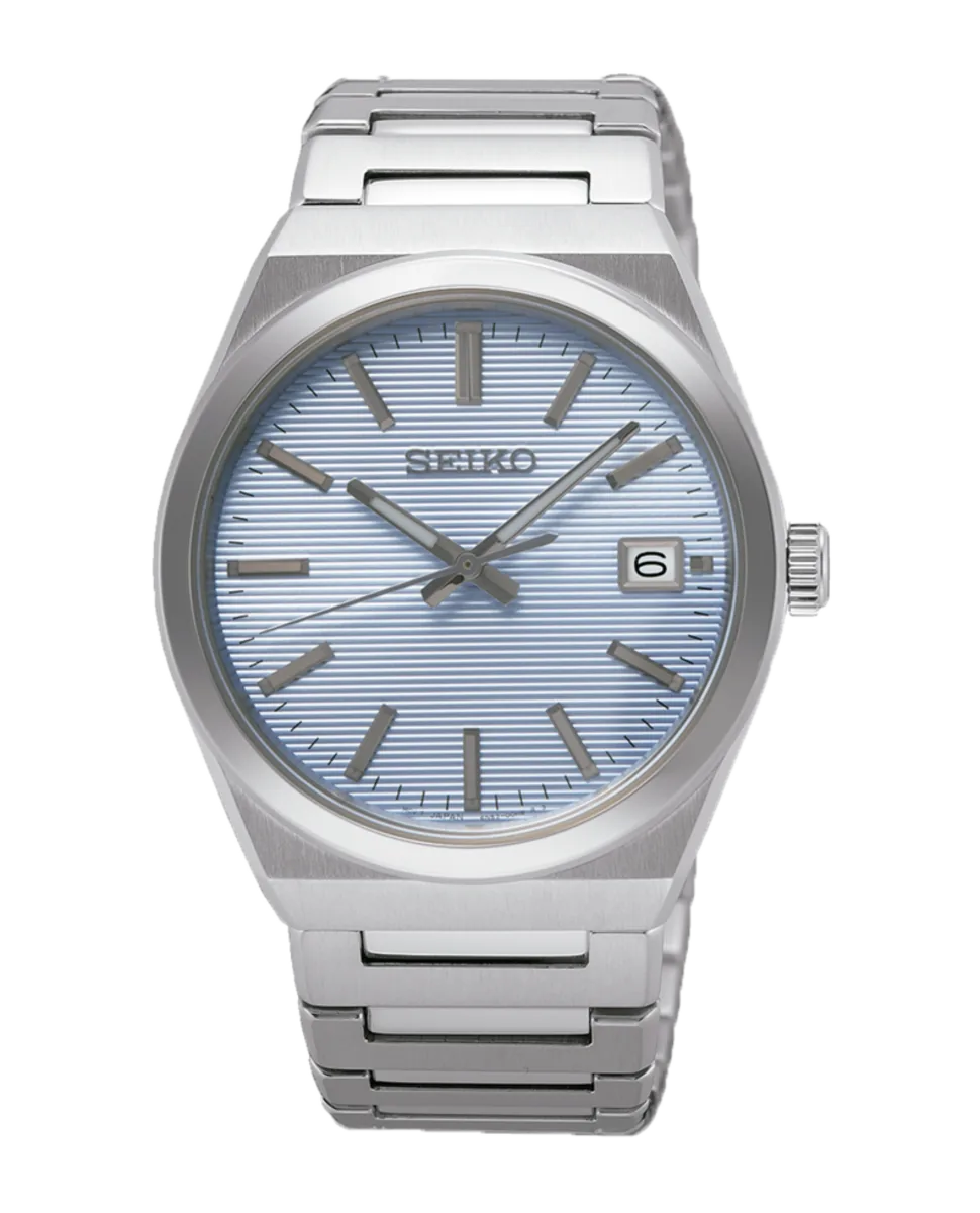 Vista frontal completa del reloj con brazalete de acero y esfera azul sobre fondo blanco