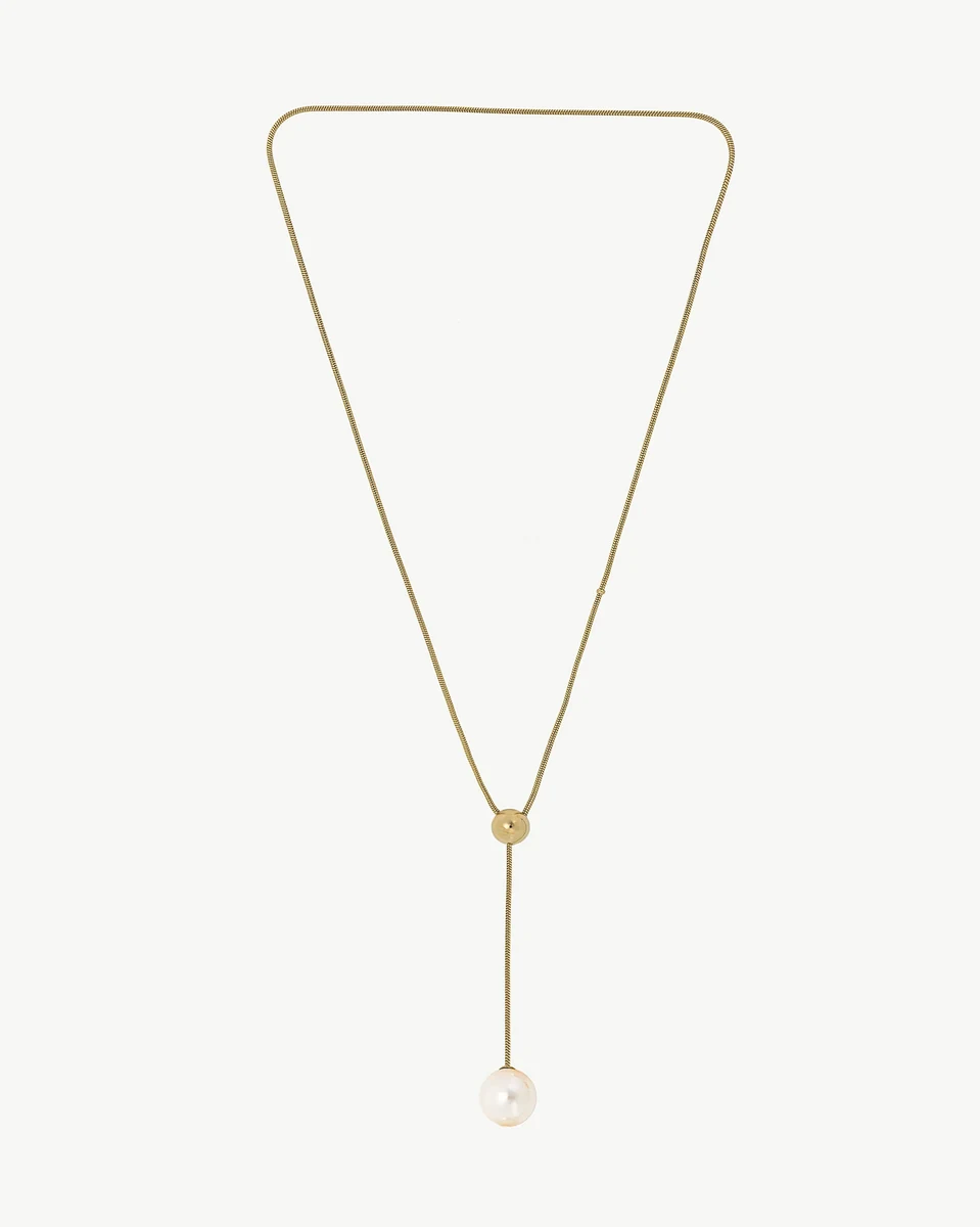 Long gold chain necklace with white pearl, full front view on a white background.