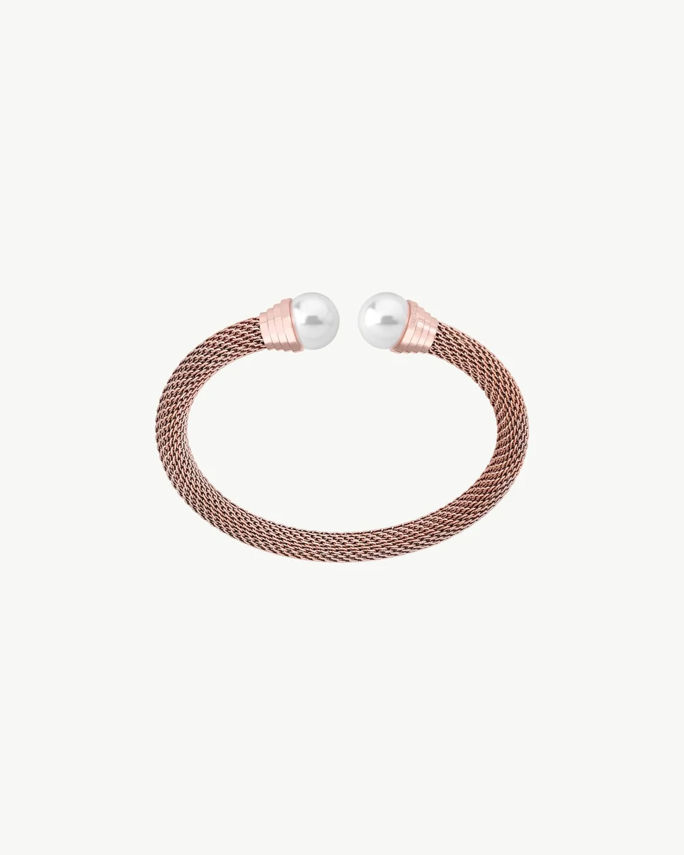 Bracelet jonc en acier rose avec perles blanches, vue de face sur fond blanc.