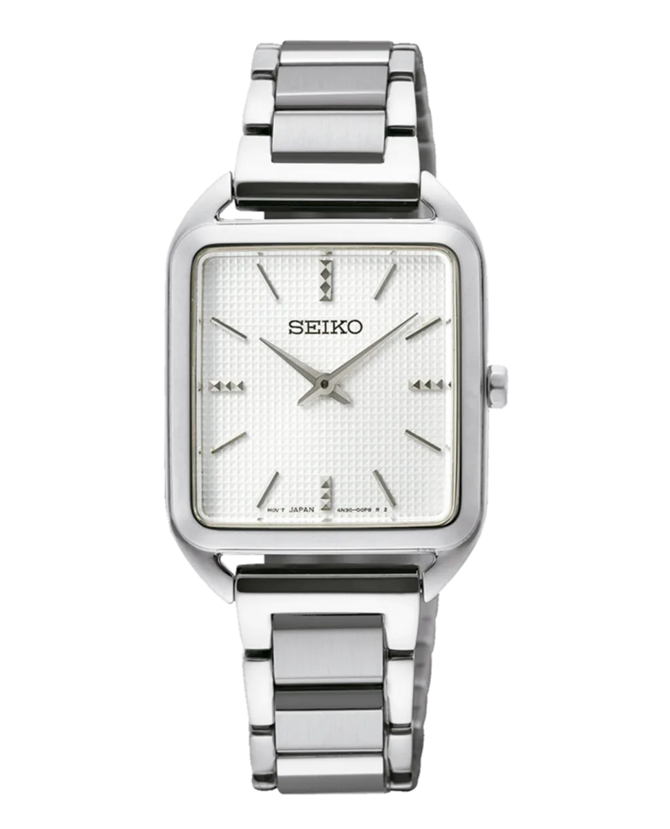 Vista frontal de reloj de caja cuadrada y brazalete de acero, centrado sobre fondo blanco.
