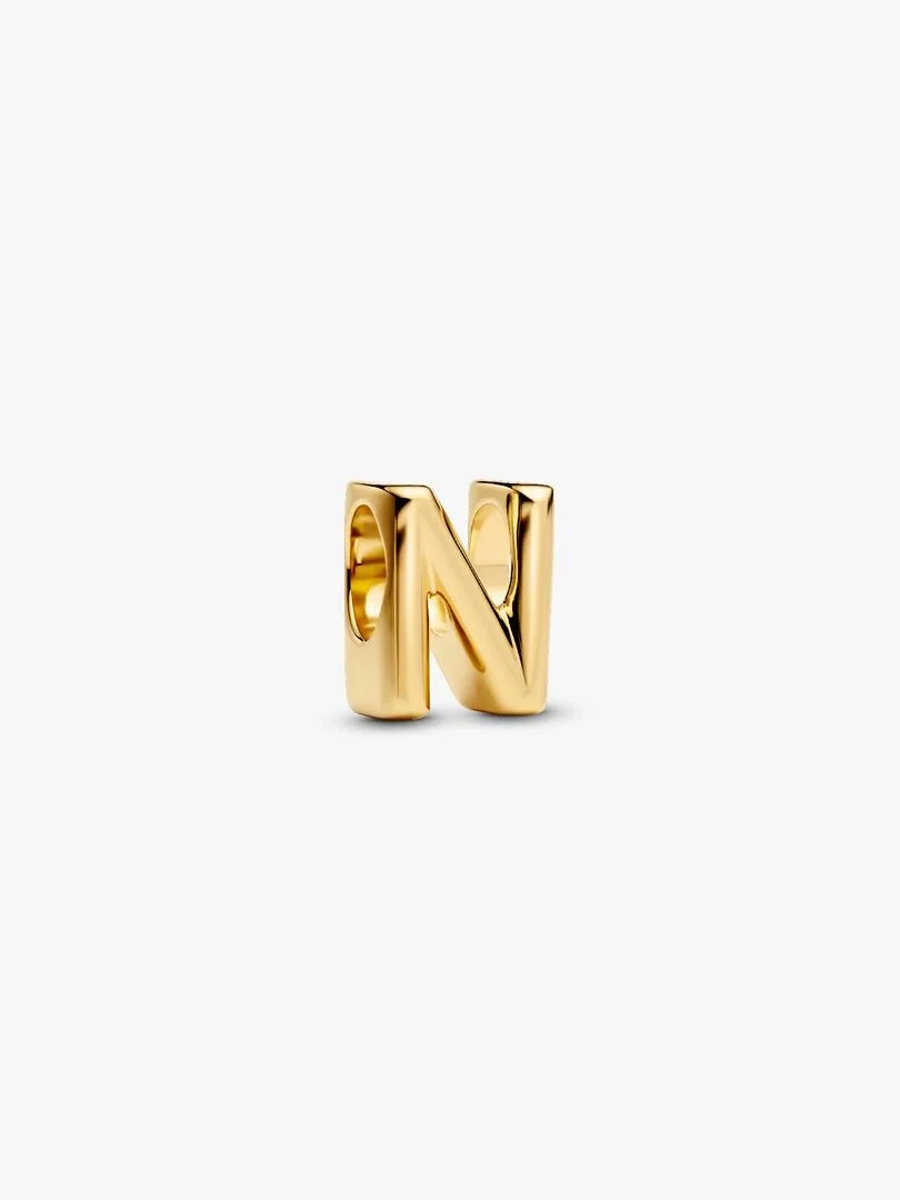 Gold-tone letter N charm, front view at a slight angle on a pure white background.