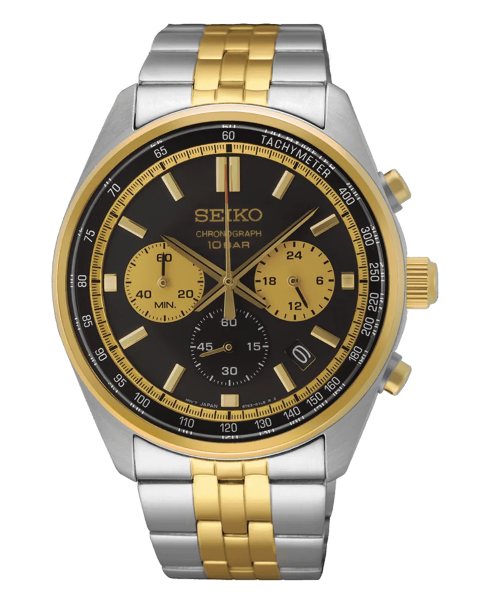Vista frontal de reloj bicolor con esfera negra y brazalete de acero, centrado sobre fondo blanco.