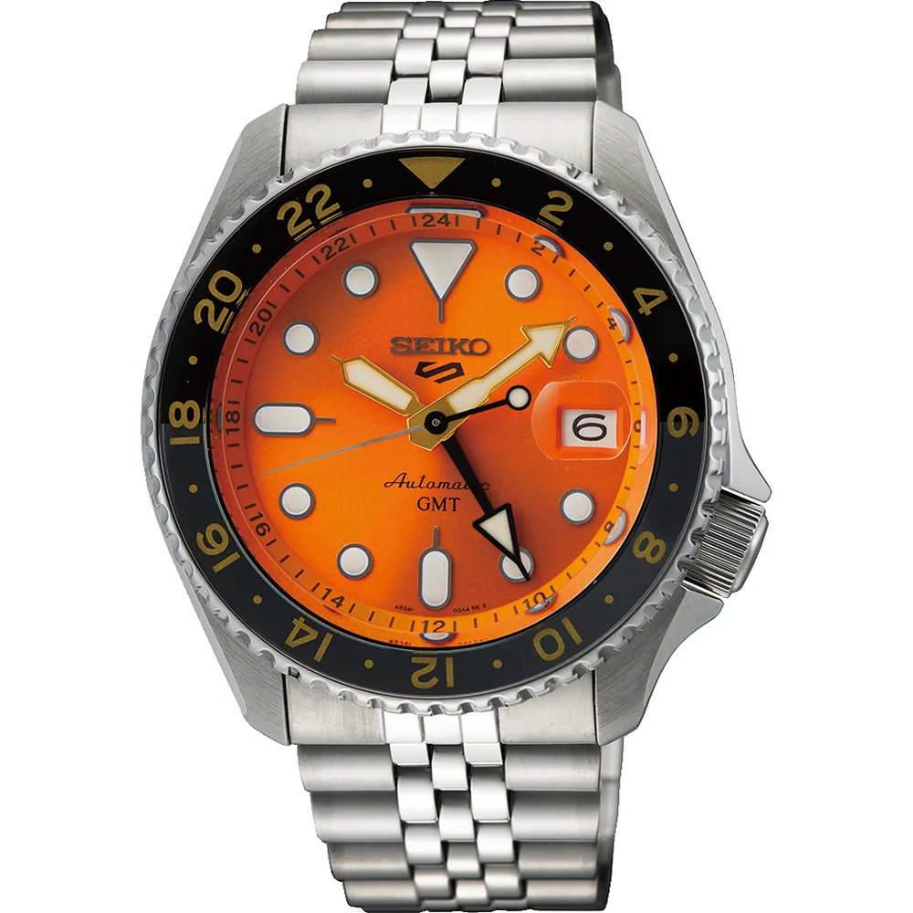 Vista frontal del reloj con esfera naranja y brazalete de acero inoxidable sobre fondo blanco