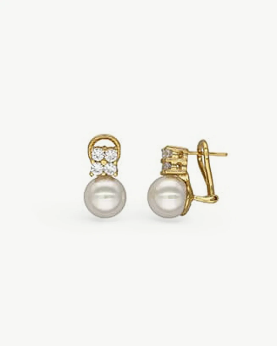 Vue de face et de profil des boucles d'oreilles sur fond blanc, montrant le détail du fermoir omega.