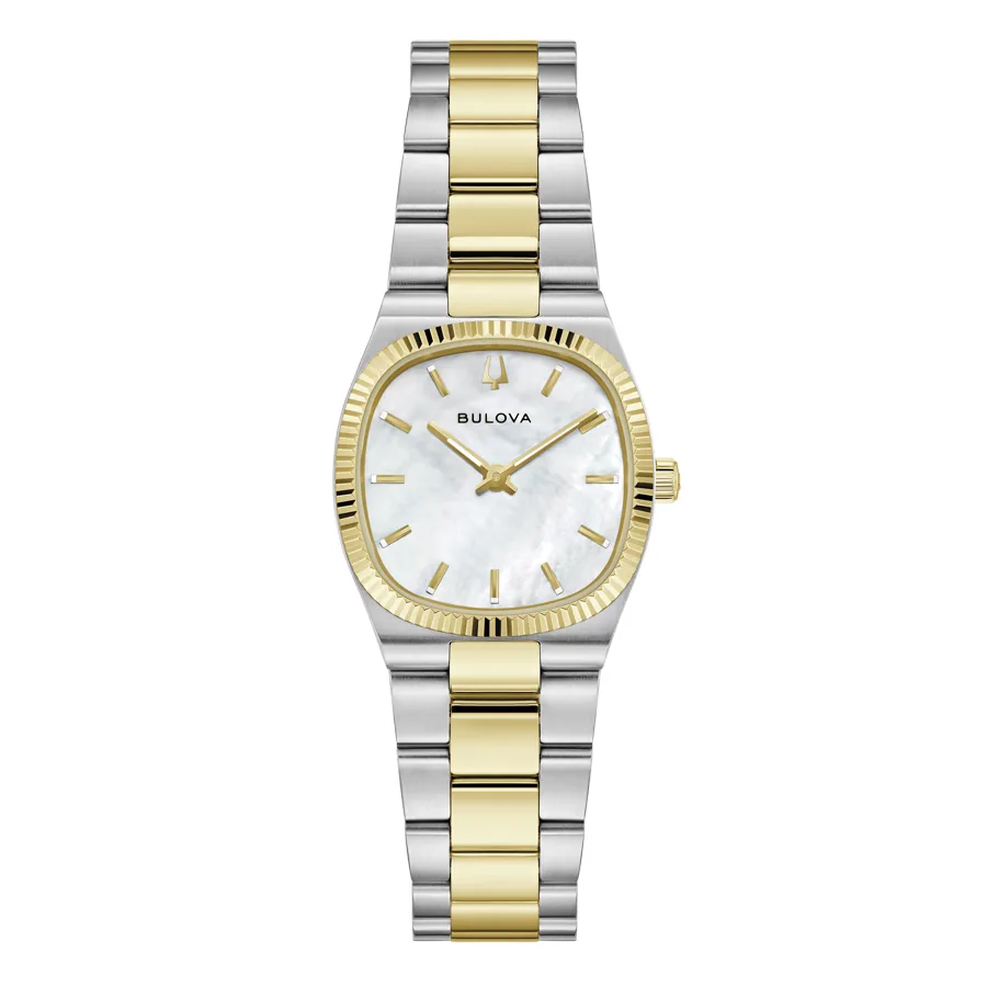 Vista frontal completa del reloj sobre fondo blanco, brazalete bicolor y esfera blanca.