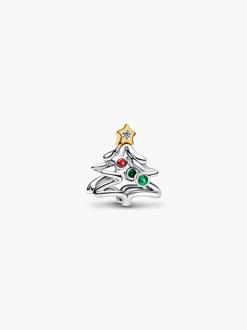 Christmas tree charm front view with gold accents and red and green stones on a white background.
