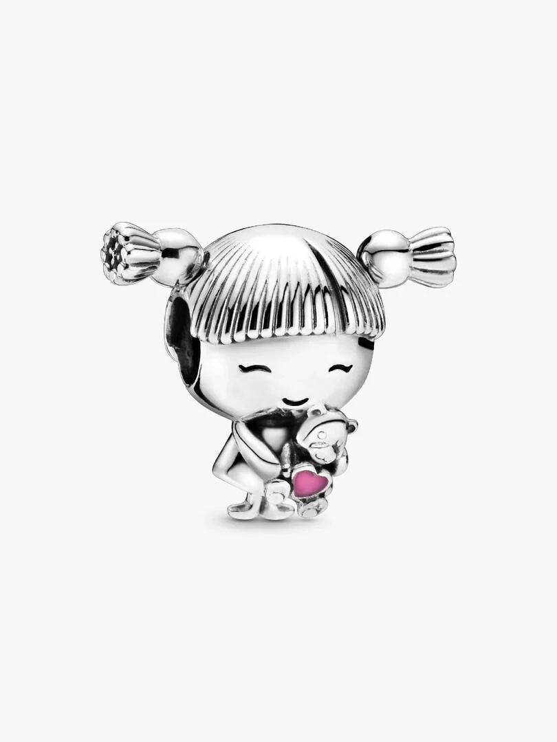 Silbernes Mädchen-Charm mit Teddybär, Frontansicht auf weißem Hintergrund.