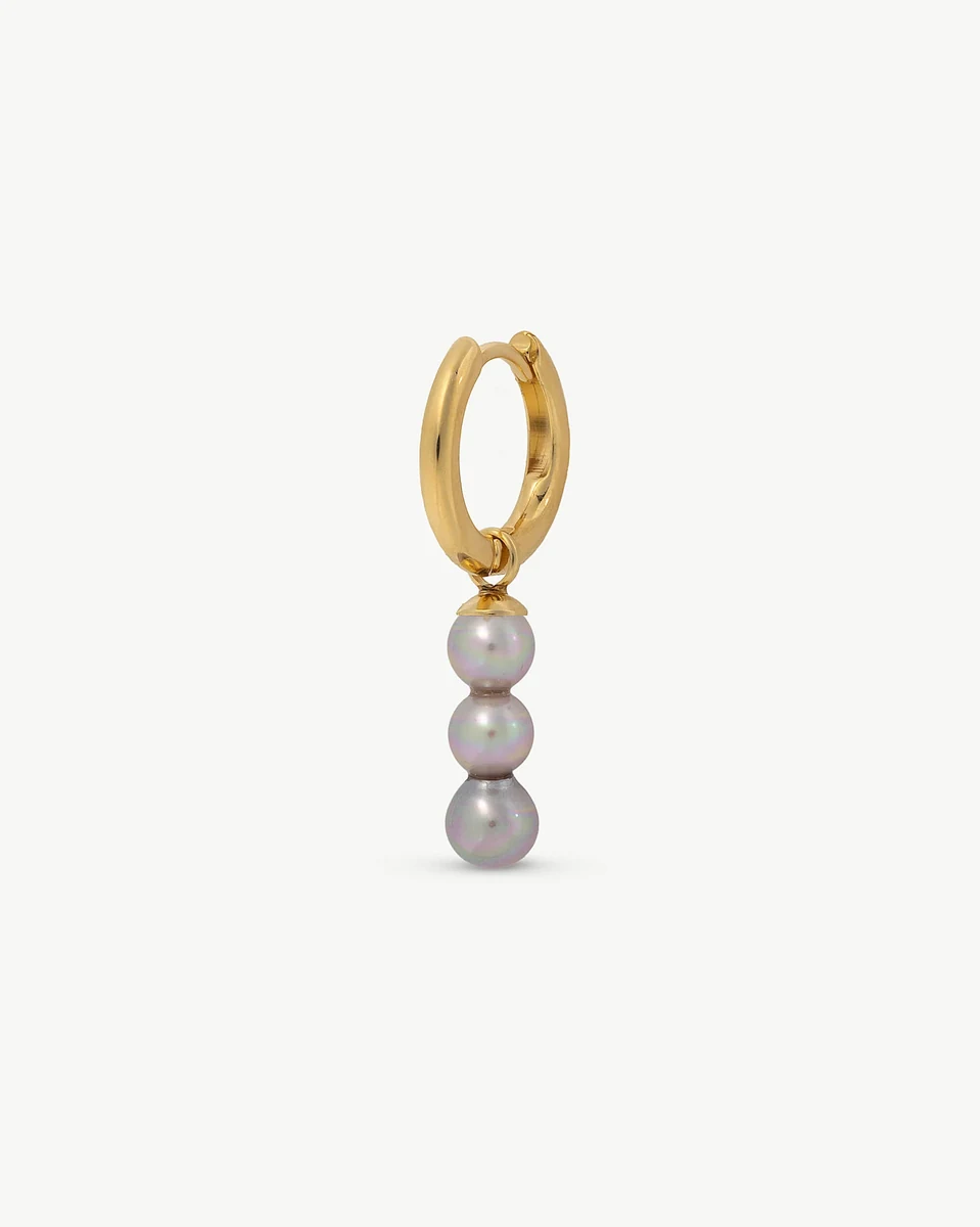Small hoop earring with three dangling pearls, front view on a white background.