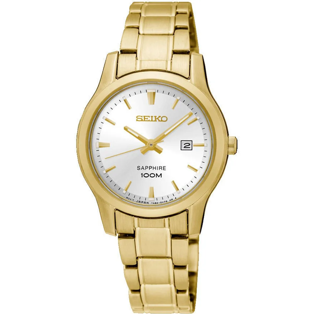 Vista frontal completa del reloj dorado con esfera blanca sobre fondo blanco