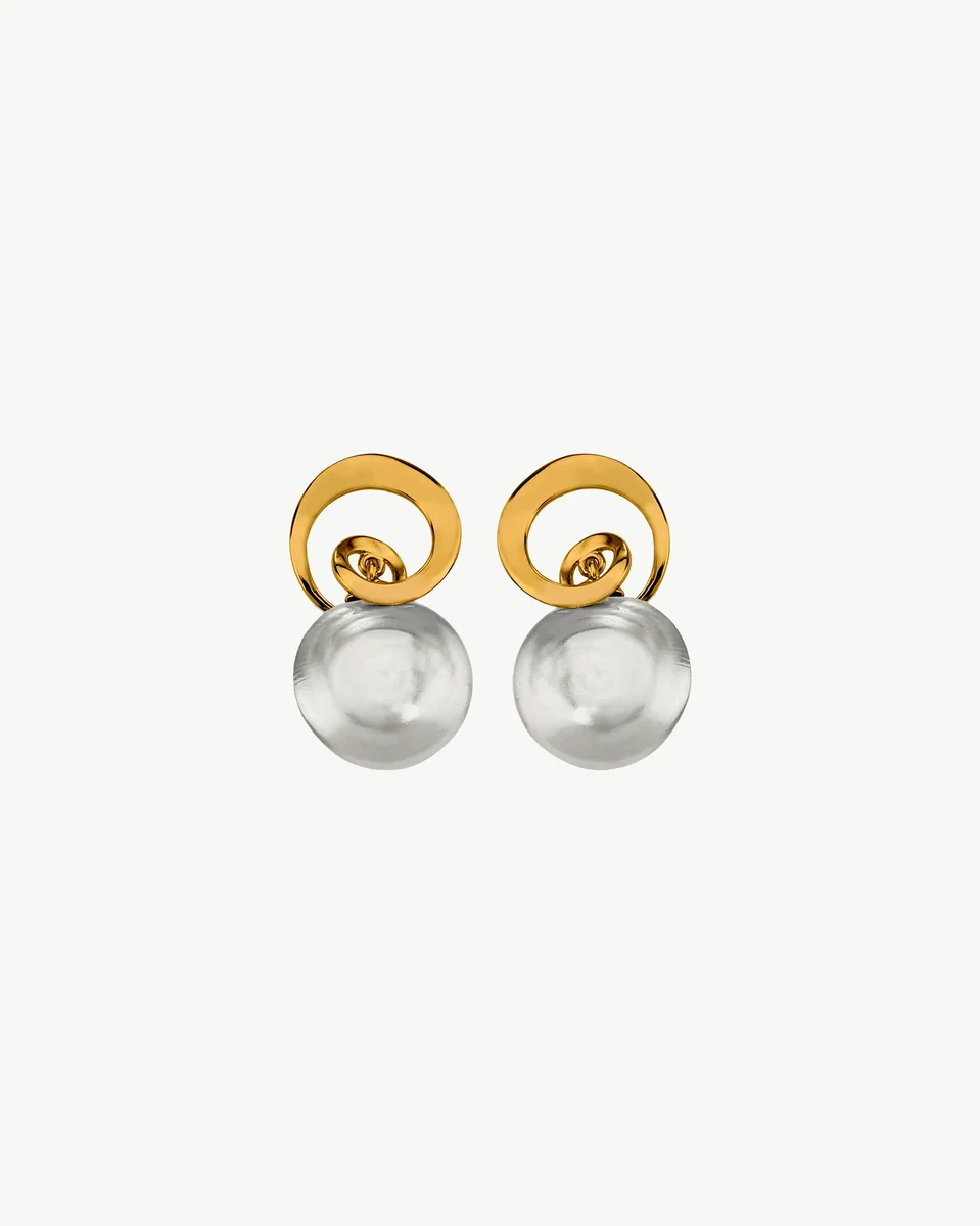 Front view of pearl earrings with gold spiral design on a white background.