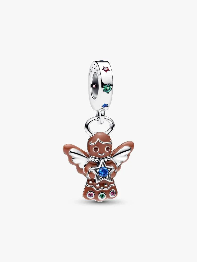 Front view of gingerbread angel charm on white background, featuring brown enamel and star-shaped crystals.