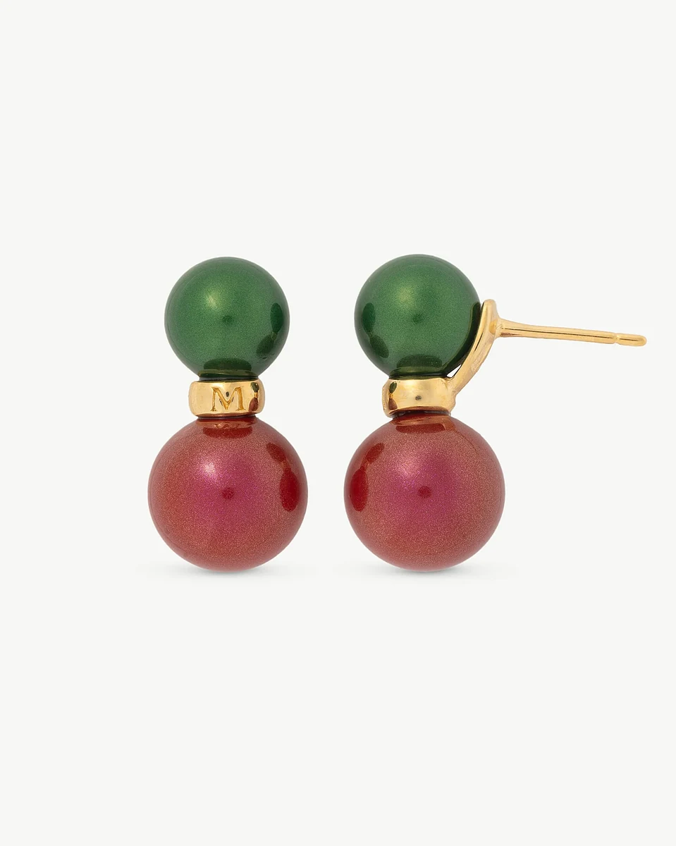 Front view of green and red pearl earrings on a white background, showing the post closure detail.