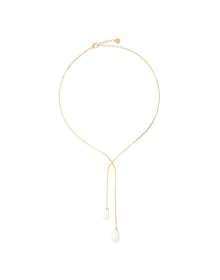Gold necklace with drop pearls shown from the front, arranged in a loop shape on a white background.