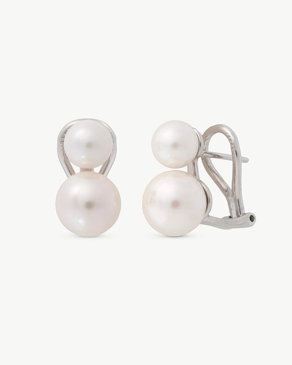 Front and side view of double pearl earrings on a white background.