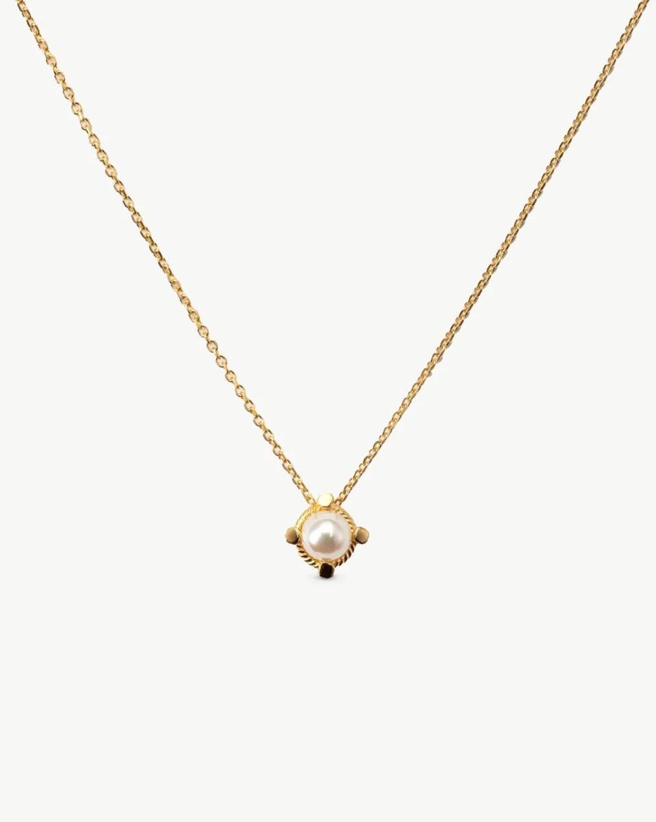 Necklace with white pearl pendant on a white background, centered front view.