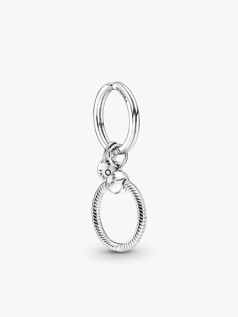 Silver keychain front view, frontal shot on white background with soft shadow.