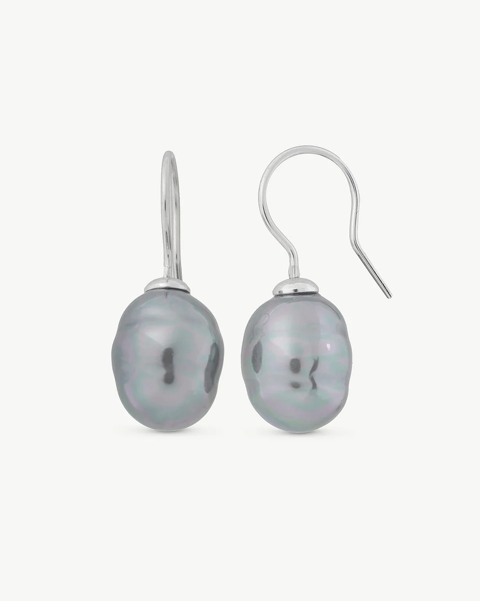 Front view of grey baroque pearl drop earrings with hook closures, on a white background.