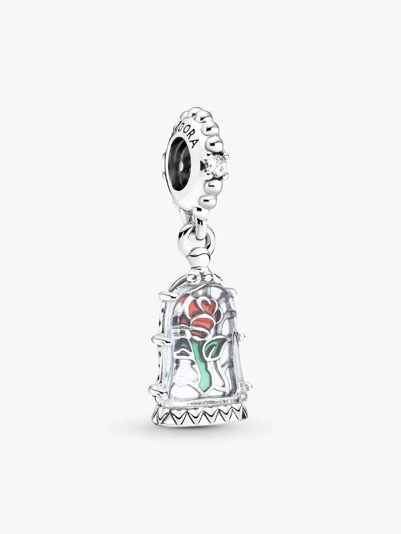 Silver dangle charm with glass dome and red rose, front view on a white background.