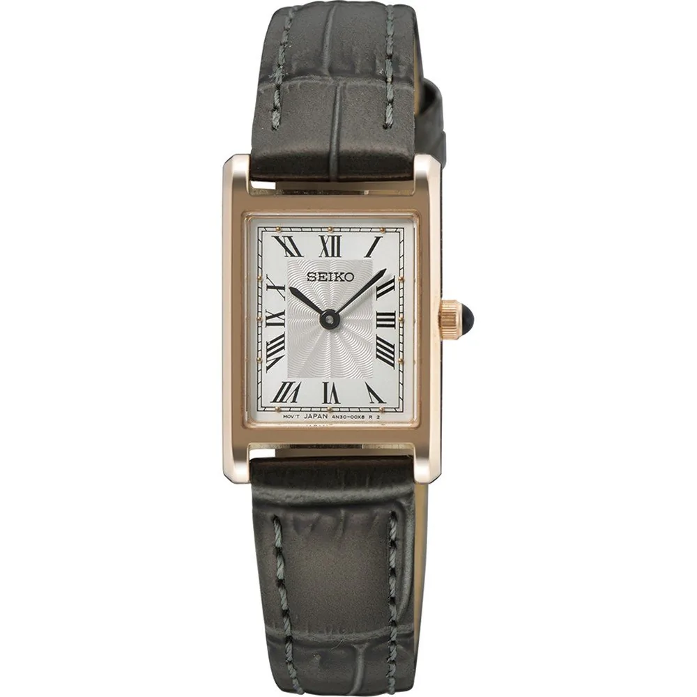 Vista frontal completa del reloj con caja rectangular y correa de piel gris sobre fondo blanco