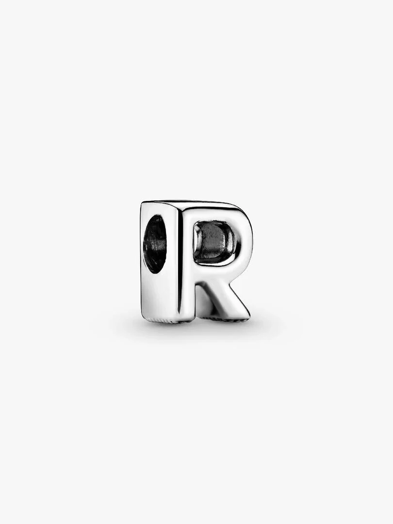 Silver letter R charm, front view at a slight high angle on a pure white background.