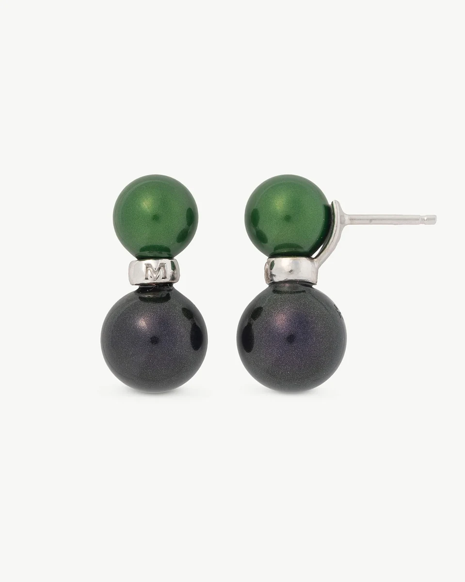 Front view of green and black pearl earrings on a white background, slight high-angle shot.