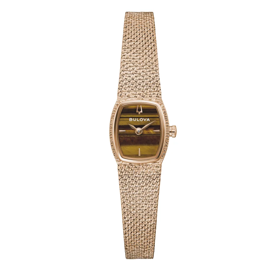 Reloj de mujer con brazalete de malla y esfera marrón, vista frontal completa sobre fondo blanco.
