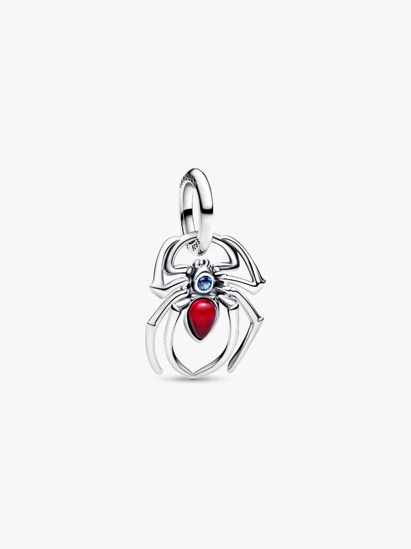 Silver spider charm with red and blue crystals, front view on a white background.